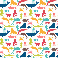 Wall Mural - Underwater seamless pattern with fishes, octopus, crab, walrus,