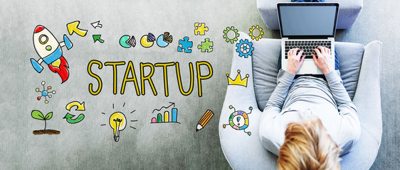 Wall Mural - start up text with man using a laptop
