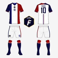 Set of soccer jersey or football kit template for France national football team. Front and back view soccer uniform. Sport shirt mock up. Vector Illustration