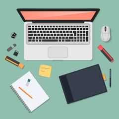 Leinwandbilder - Realistic technology workplace organization. Top view of color work desk with laptop, smartphone, tablet pc, diary, glasses and tablets.