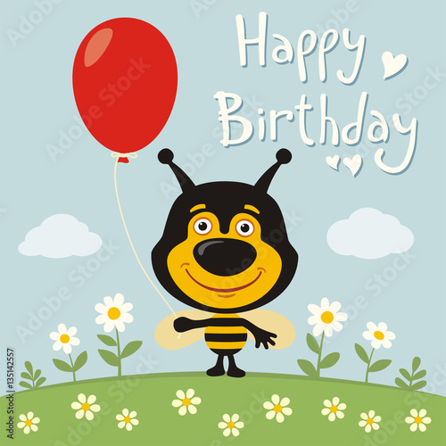 Happy birthday! Funny bee with red balloon on flower meadow. Birthday ...