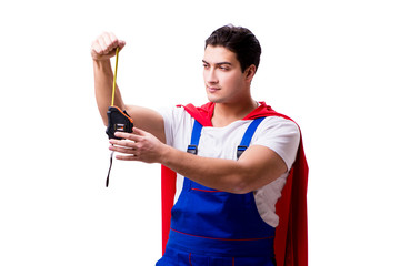 Superhero repairman isolated on white background