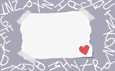 Poster - Ripped white ruled note, notebook, copybook paper stuck on gray squared pattern created of alphabet letters