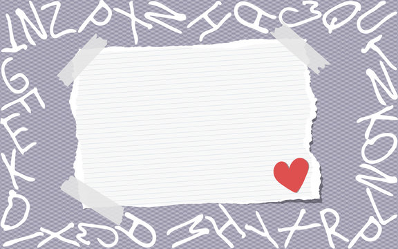 Ripped white ruled note, notebook, copybook paper stuck on gray squared pattern created of alphabet letters