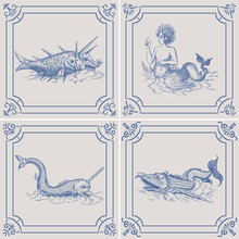 Mythological Vintage Sea Monster On The Blue Dutch Tile. Imitation. Glazed Porcelain Ceramic.