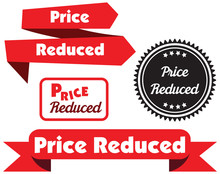 Price Reduced Concept Of Red Arrow Badge In Vector.