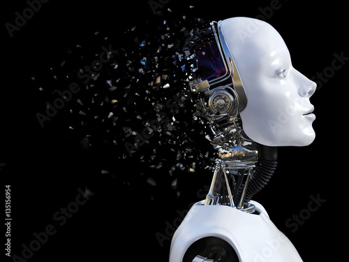 Cuadros en Lienzo 3D rendering of female robot head that shatters.
