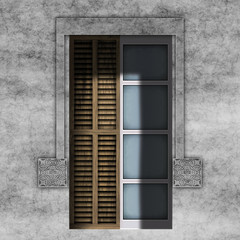 Old facade with window and stone frame, 3d rendering, digital illustration art work.