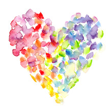 Big Colorful Heart With Rainbow Dots And Brush Strokes Painted In Watercolor On Clean White Background