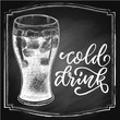 Hand drawn cold drink with ice in a glass, chalk sketch in square frame on blackboard background. Vintage vector illustration.