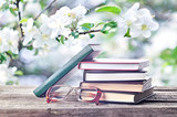 Fototapeta Sport - Pile of books and glasses outdoors spring or summertime