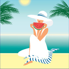 Wall Mural - woman in a white hat sitting on the beach eating watermelon palm sun art creative modern vector illustration Travel Poster