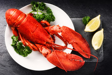 Steamed Lobster With Lemon On White Plate. Sea Food Background