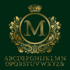 Poster - Zigzag striped gold letters and initial monogram in coat of arms form with crown. Elegant font and elements kit for logo design.