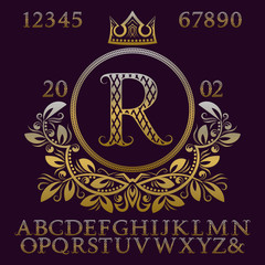Leinwandbilder - Golden patterned letters and numbers with initial monogram in coat of arms form. Elegant font and elements kit for logo design.