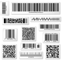 Poster - packaging labels, bar and qr codes on white vector stickers