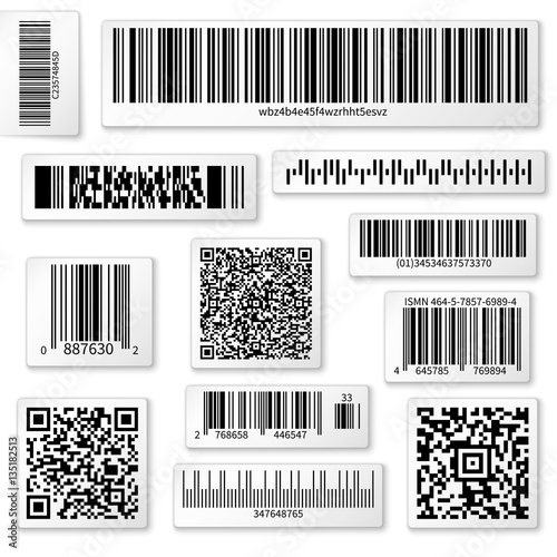 Fotografie, Obraz Packaging labels, bar and QR codes on white vector stickers