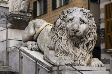 Lion statue in the cathedral of San Lorenzo in Genoa, Italy