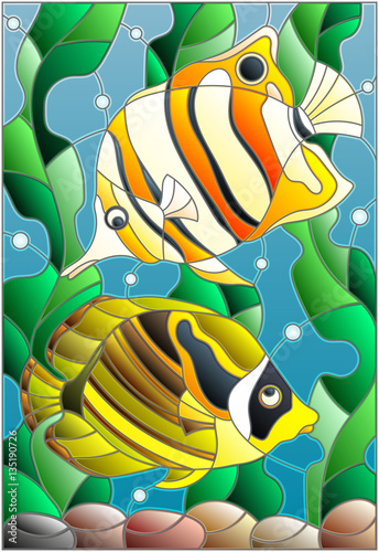 Naklejka dekoracyjna Illustration in stained glass style with a pair of fish butterfl