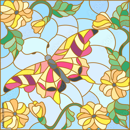Fototapeta do kuchni Illustration in stained glass style with bright butterfly against the sky, foliage and flowers