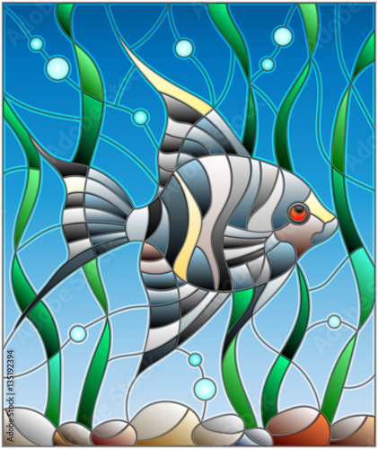 ilustracja-w-stylu-witrazu-ryby-skalar-na-tle-wody-i-glonow