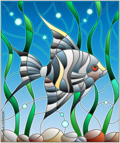 Obraz w ramie Illustration in stained glass style fish scalar on the background of water and algae