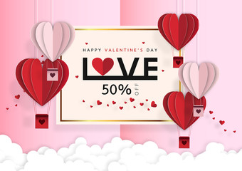 Wall Mural - Valentines day sale background with Origami made hot air balloon flying