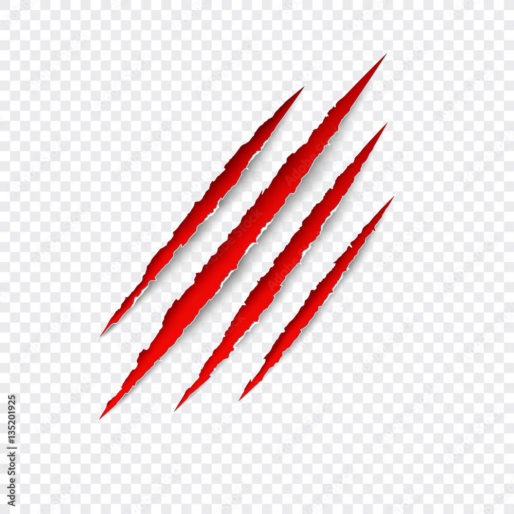 Scratches isolated on transparent background. Vector red scratch set. Claws scratching animal (cat, tiger, lion, bear) vector illustration.  - obrazy, fototapety, plakaty 