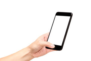 Poster - Hand holding black mobile phone with blank screen isolated on wh