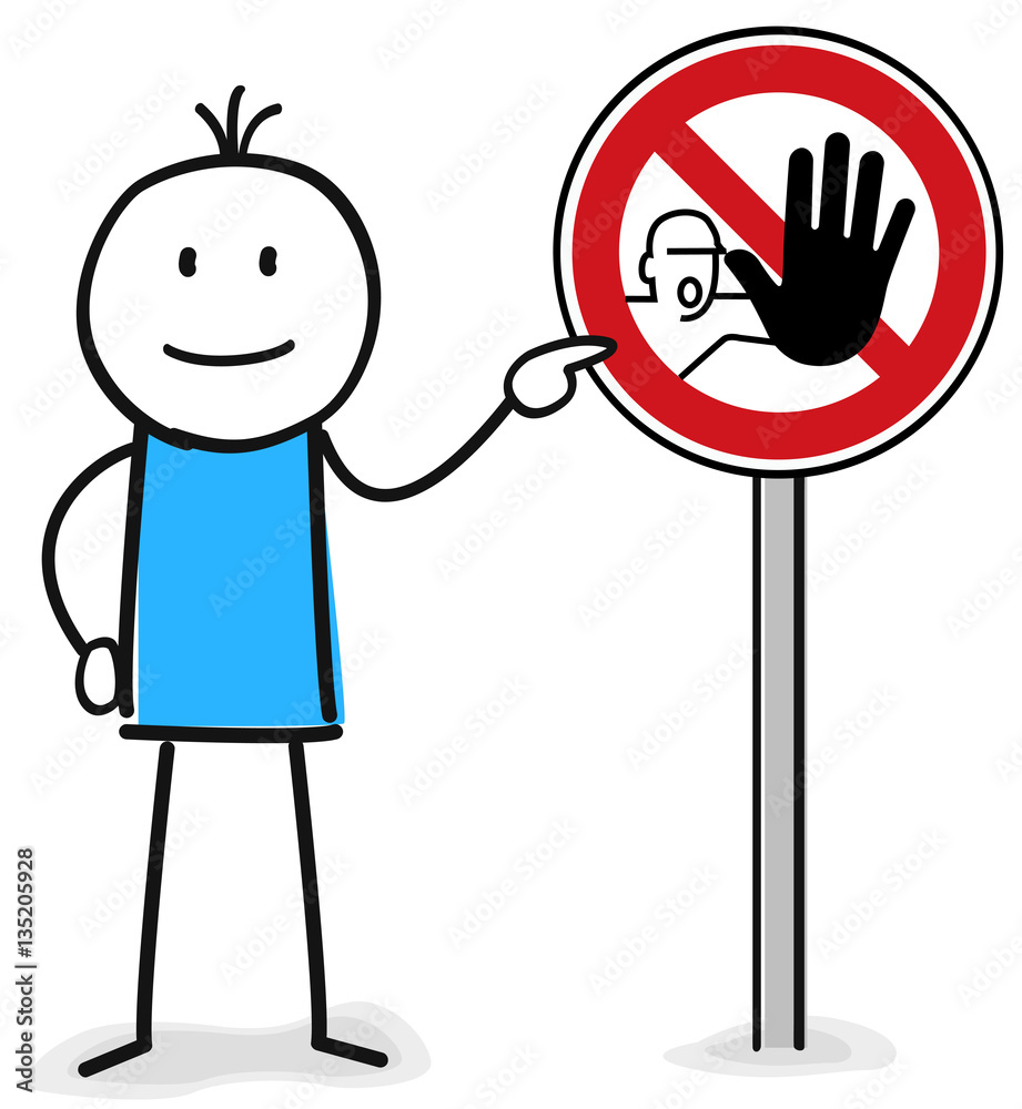 Figur zeigt auf Schild Achtung Halt Stopp