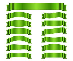 Wall Mural - Ribbon green banners set. Sign satin blank for promotion, web, advertising text. Collection shiny scrolls design decoration elements. Symbol vintage label, isolated on white. Vector illustration