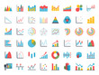 Business data market elements dot pie bar charts diagrams and graphs flat icons set. Statistic and data, information infographic. Isolated on a white background. Vector illustration.