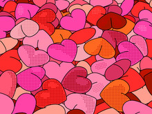 Hearts Background In Pop Art Style. Retro Holiday Backdrop For Valentine Day.