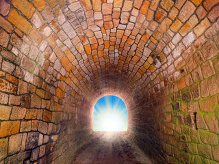 Wall Mural - Light at end of the tunnel. Way to freedom or to heaven. Opened door from prison or grave. Hope metaphor. 
