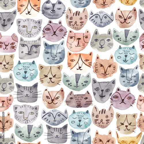 Cotton fabric Watercolor cat seamless pattern. Cute illustration