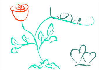 Word love, a red rose and two hearts. Valentine's Day. Abstraction, drawing.