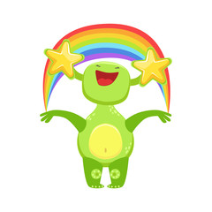 Wall Mural - Funny Monster Seeing Stars And Rainbow , Green Alien Emoji Cartoon Character Sticker