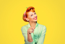 Portrait Of A Beautiful Woman Pinup Retro Style Pointing At You Smiling Laughing