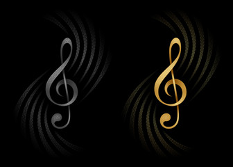 Two treble clef, silver and gold, decorated ornamental strips with geometric motifs on a black background, vector