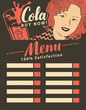 menu for fast food restaurant with girl with glass cola in retro style