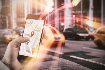 Poster - Composite image of man using map app on phone
