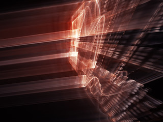 Poster - Abstract background element. Three-dimensional composition of wave shapes, grids and beams. Science and technology concept. Red and black colors.