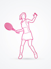 Wall Mural - Woman tennis player action outline graphic vector.