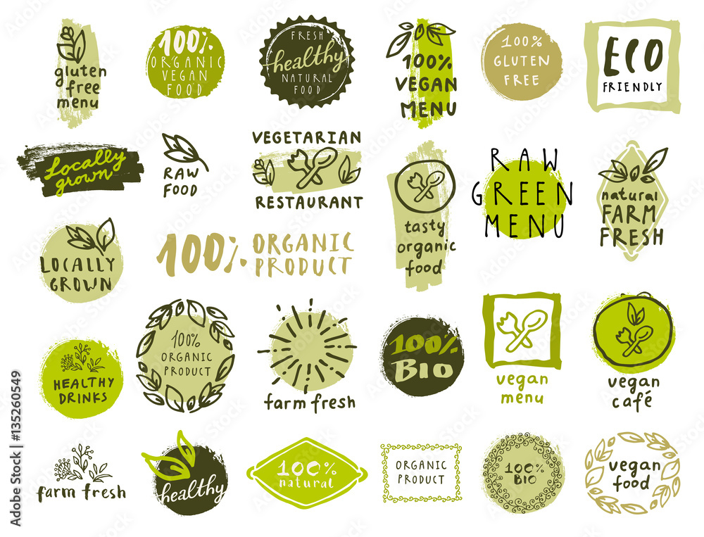 Set of organic food labels for vegetarian restaurants - obrazy, fototapety, plakaty 