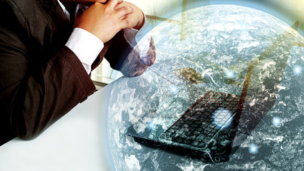 Poster - Thinking young business man work in laptop
