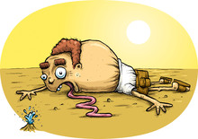 A Very Thirsty, Cartoon Man Is Lying On A Dry, Desert Plain In The Hot Sun While A Tiny Spring Of Water Spouts Just In Front Of Him.