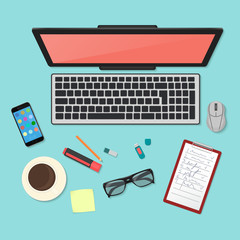 Leinwandbilder - Realistic technology workplace organization. Top view of color work desk with laptop, smartphone, tablet pc, diary, glasses, and coffee mug.