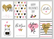Valentine's Day Greeting Card Set With Hearts. Gold, Black, Pink, White Colors. Gift Tags With Gold Glitter Texture. Hand Drawn Hearts. Design For Valentine And Wedding. Hello. Be Mine. You And Me.
