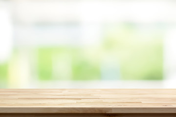 Wall Mural - Wood table top on blur white green kitchen window background