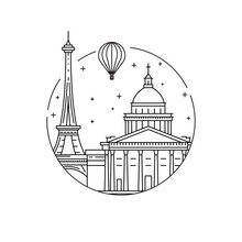 Round The Emblem Of The City Of Paris Drawn In A Linear Style, Depicting A Vector Of The Landmark Of The Capital Of France.